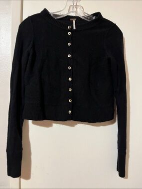 Free People Black Button-Up Cropped Wool blend Cardigan